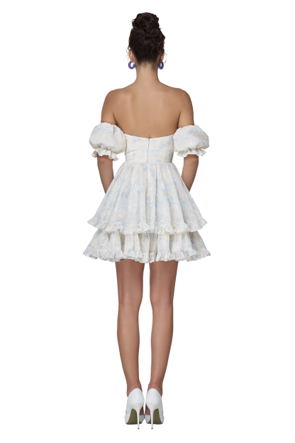 Off Shoulder Puff Sleeve Button Layered Floral Mini Dresses-Beige