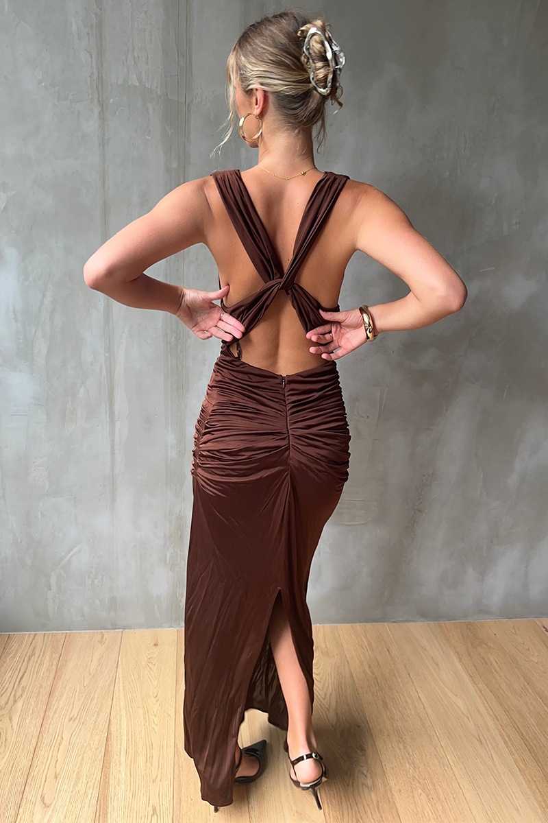 Sleeveless Cowl Neckline Ruched Backless Maxi Dresses-Brown Pre Order