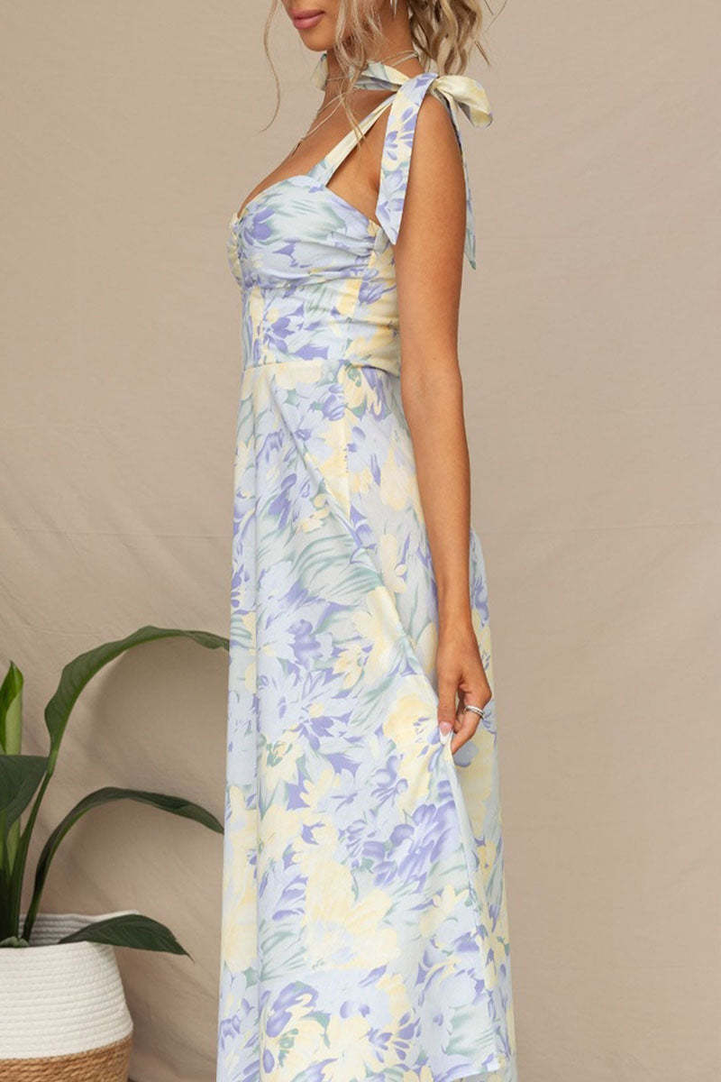 Print Tied Strap Sleeveless Vacation A-Line Midi Dresses
