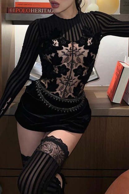 See-Through Mesh Jacquard Striped Long Sleeve Pleated Mini Dresses-Black