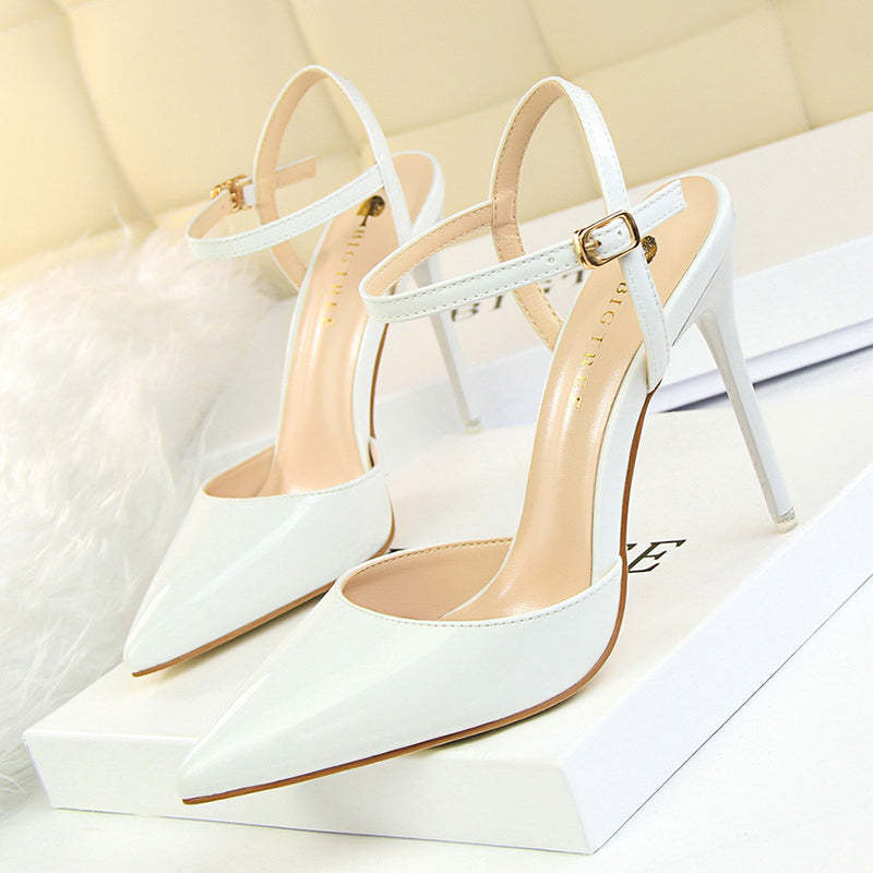 Burnished Plain Pointy Toe Ankle Strap Buckle Stiletto Heels