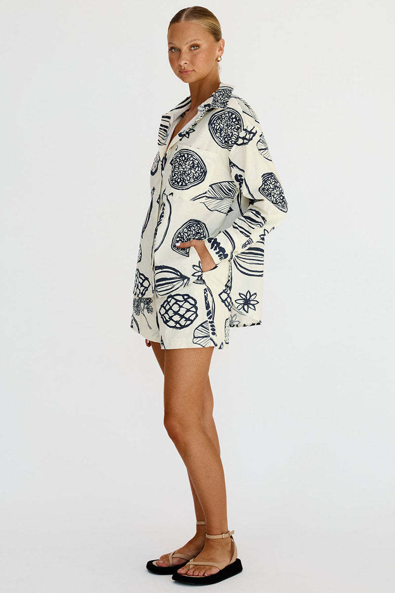 Floral Fruit Print Long Sleeve Shirt Casual Short Two Piece Set