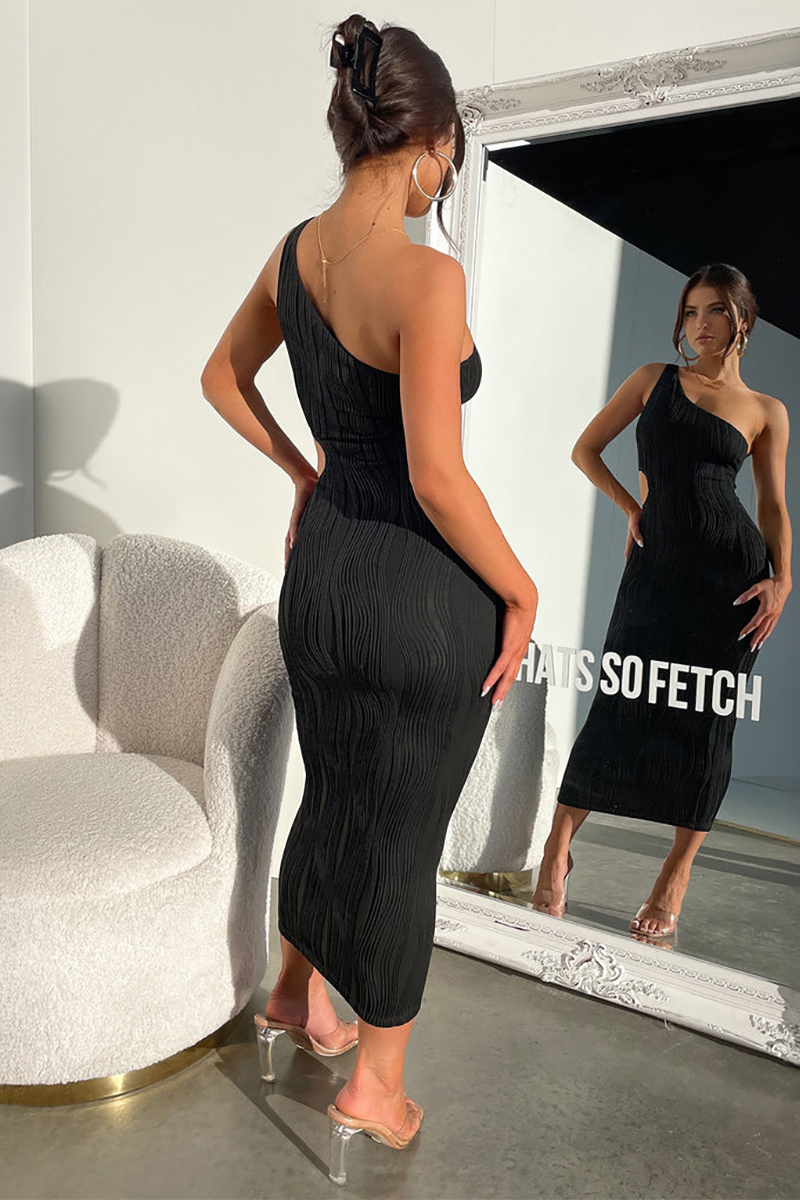 Sleeveless One Shoulder Cutout Slim Fit Textured Midi Dresses-White