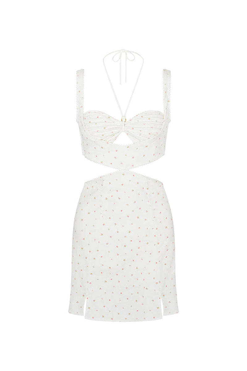 Halter Strap Quilted Cutout Floral Print Mini Dresses-White Pre Order