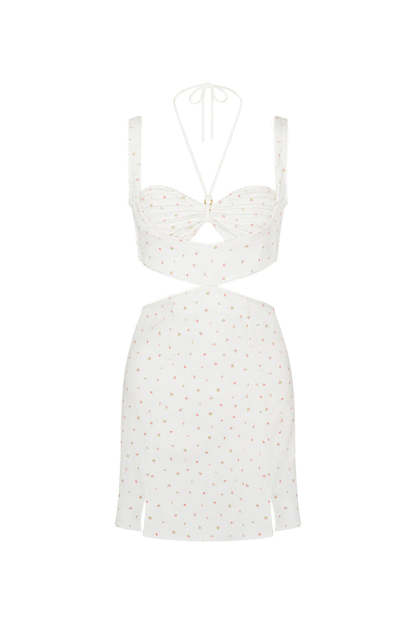 Halter Strap Quilted Cutout Floral Print Mini Dresses-White Pre Order