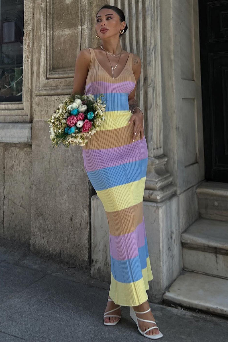 V Neck Colorblock Knit Slim-Fit Sleeveless Maxi Sweater Dresses-Purple