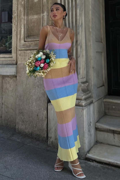 V Neck Colorblock Knit Slim-Fit Sleeveless Maxi Sweater Dresses-Purple