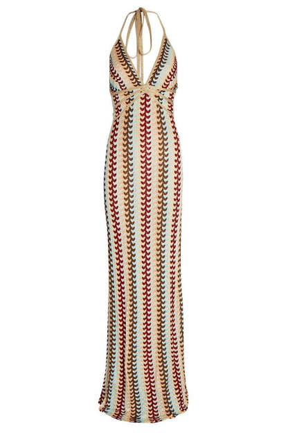 Halter V Neck Backless Boho Pattern Knit Slim-Fit Vacation Maxi Dresses-Beige