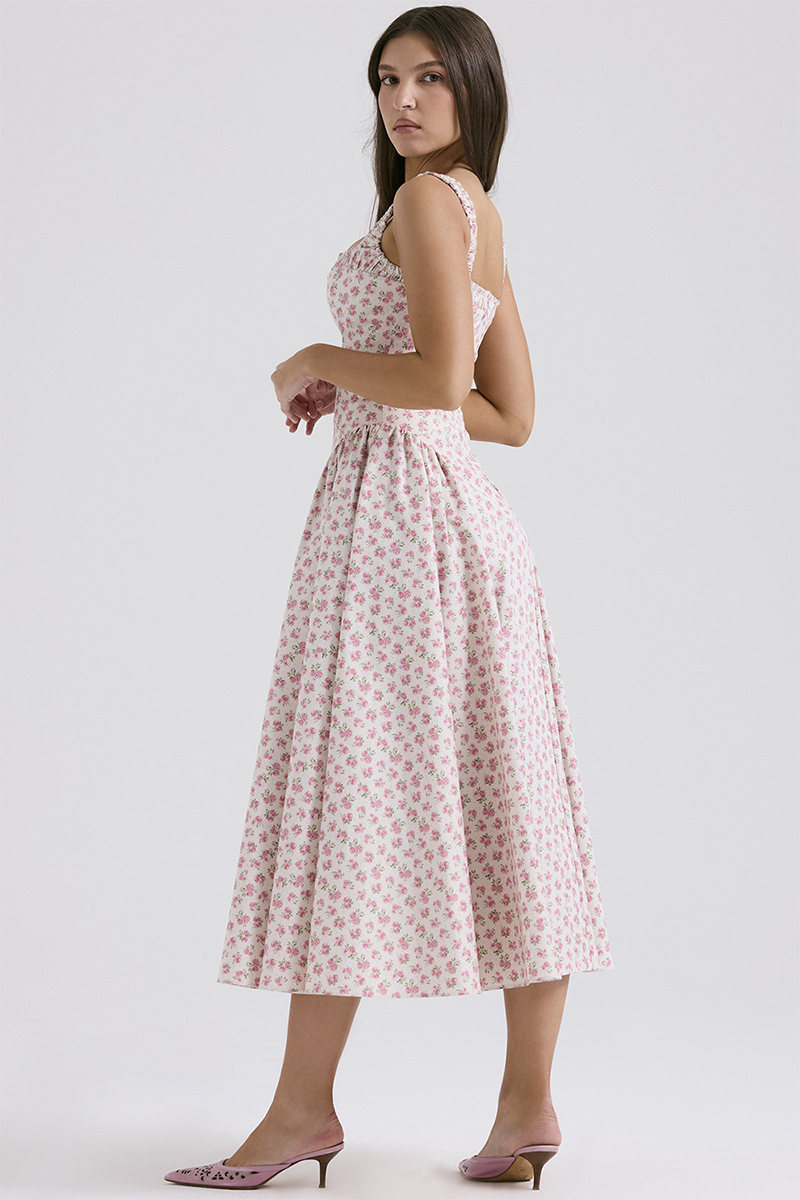 Wide Strap Square Neck Cinch Waist Ditsy Floral Print Midi Dresses-Pink