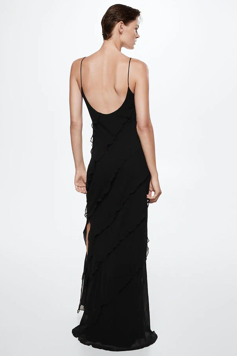Ruffled Slit V Neck Backless Prom Slip Maxi Dresses