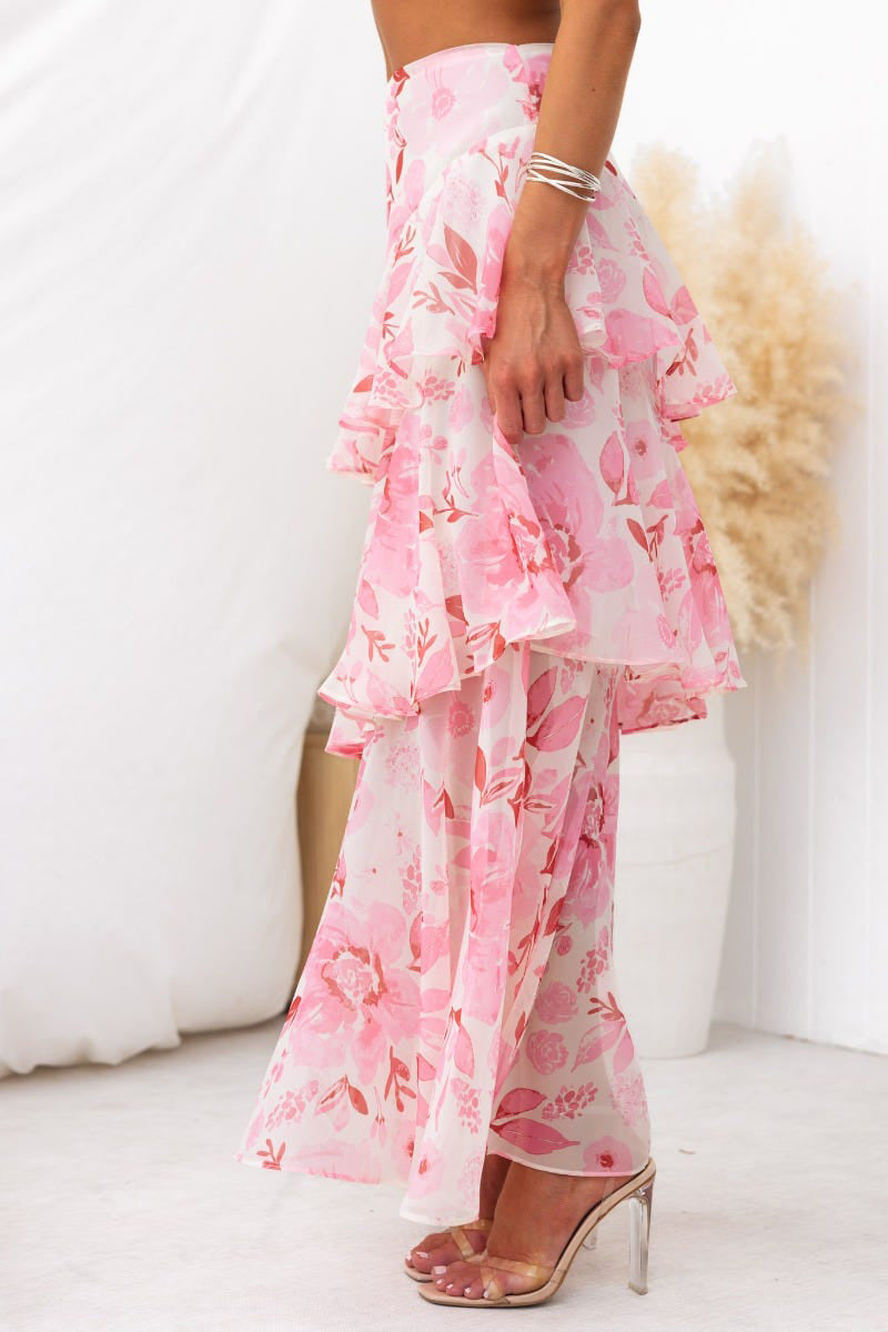 Floral Print Cami Crop Top Layered Maxi Skirt Matching Set-Pink