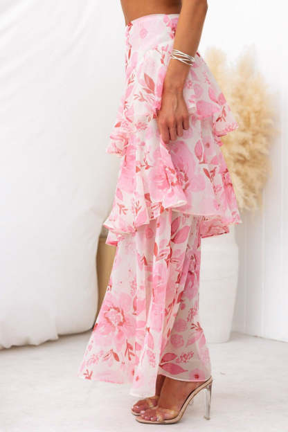 Floral Print Cami Crop Top Layered Maxi Skirt Matching Set-Pink