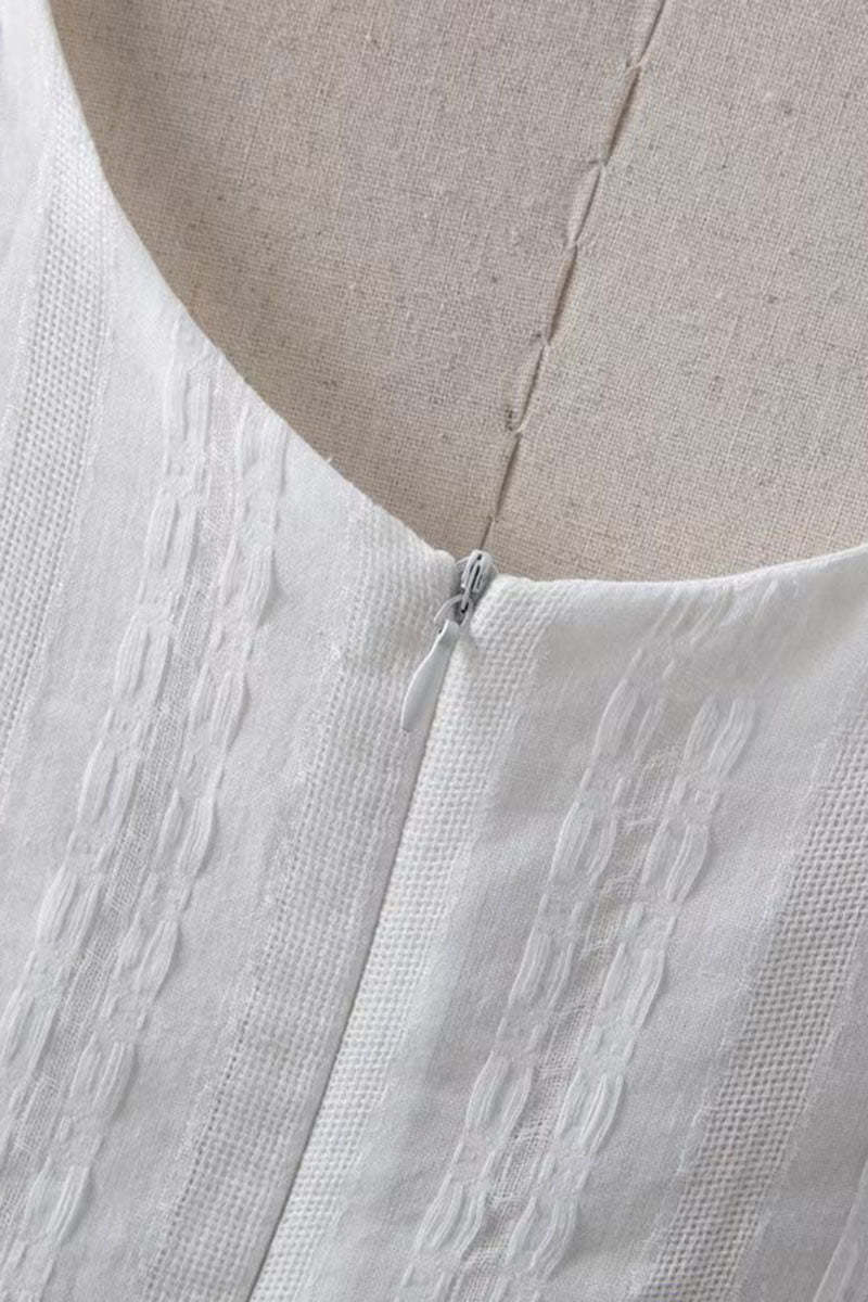 Square Neck Low Back Texture A-Line Sleeveless Mini Dresses-White
