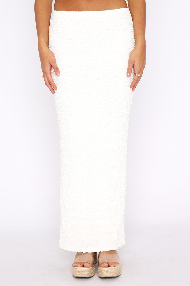 Textured Crop Tube Top Split Bodycon Maxi Skirt Matching Set-White