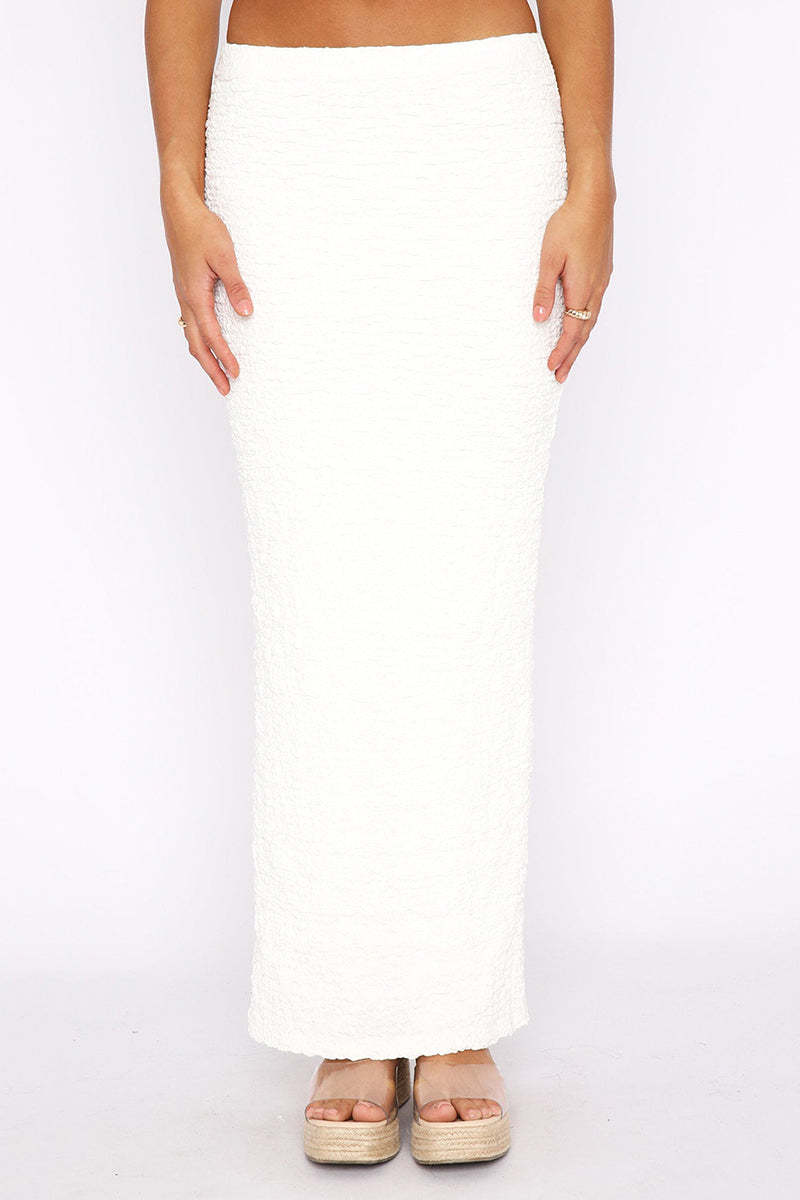 Textured Crop Tube Top Split Bodycon Maxi Skirt Matching Set-White