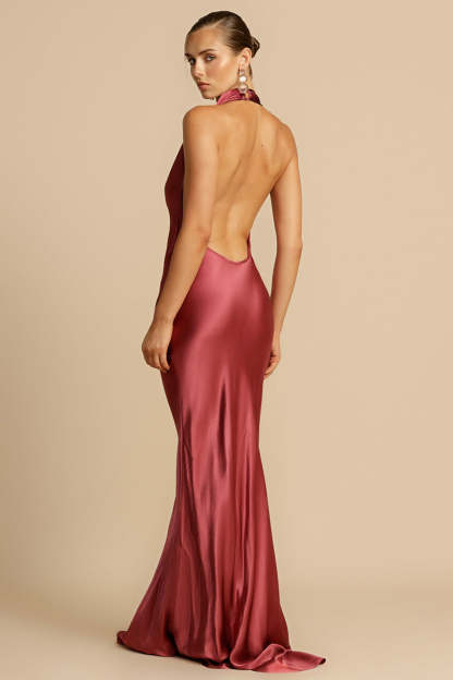 Halter Cowl Neck Backless Gown Party Maxi Dresses-Burgundy