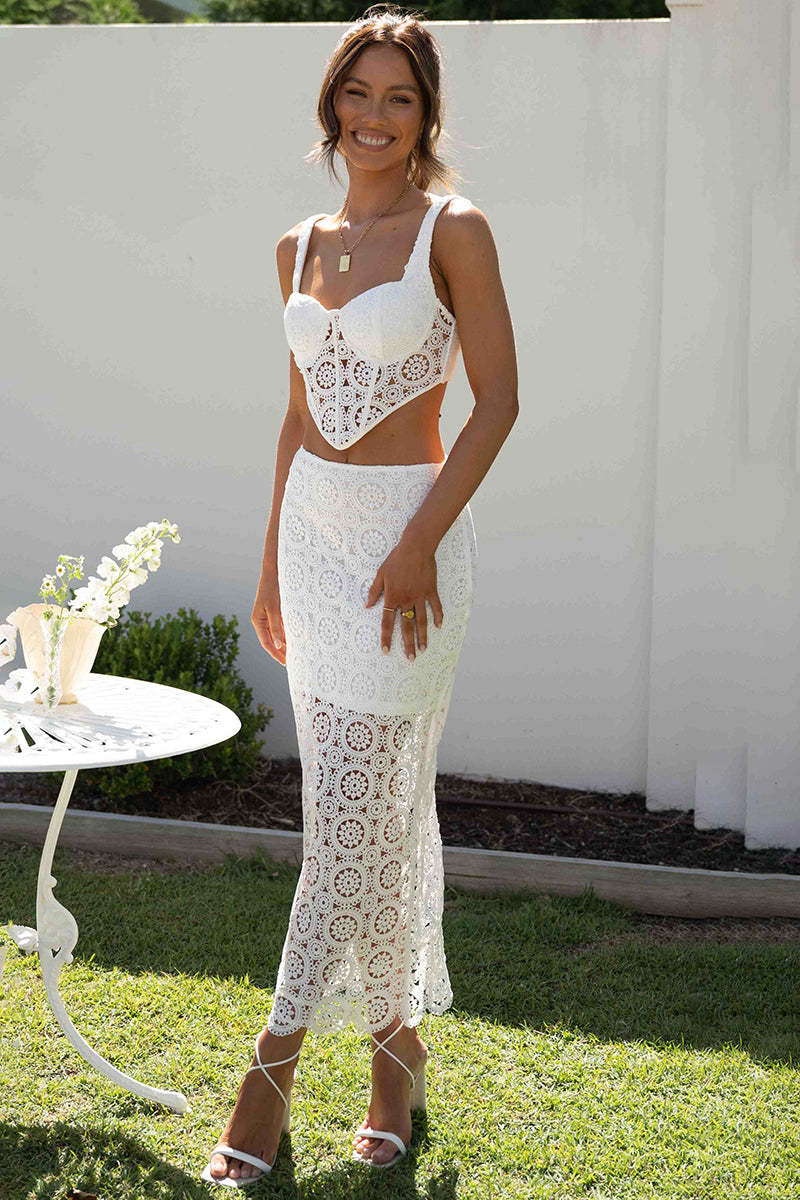 Lace Cami Corset Crop Top Fishtail Slit Midi Dress Vacation Matching Set