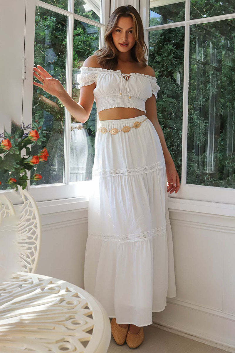 Off Shoulder Short Sleeve Ruched Top Quilted Maxi Skirt Matching Set-White