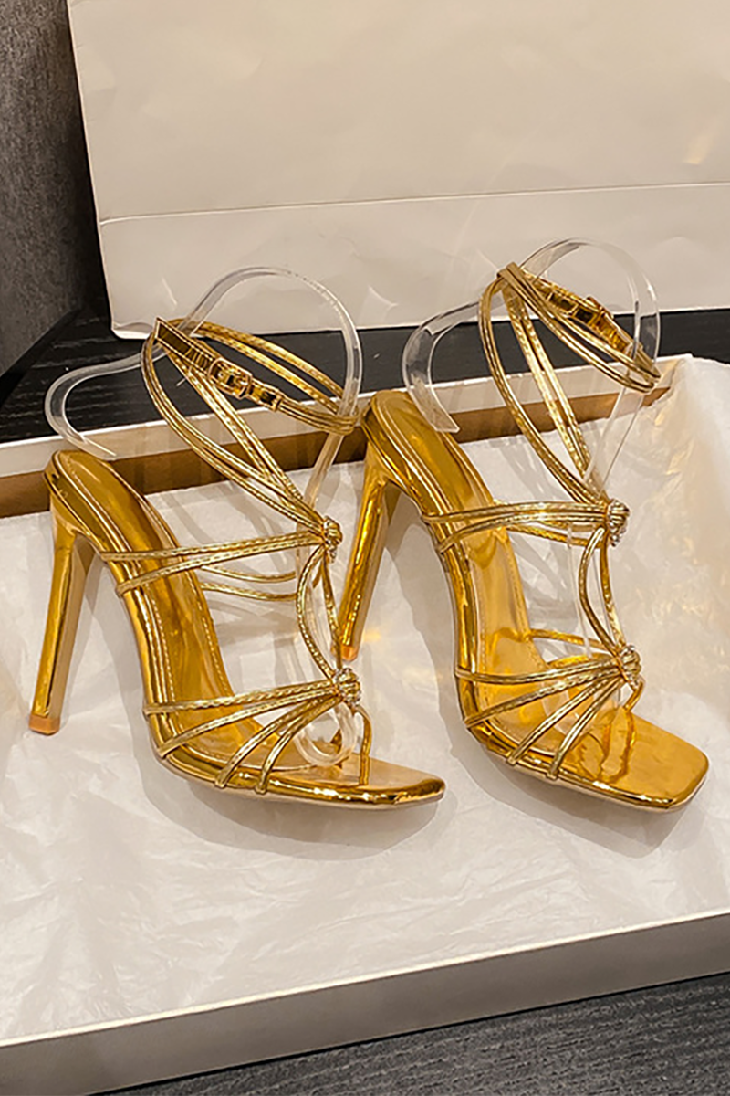 Square Peep-Toe Symmetrical Strap Glossy Metallic High-Heeled Sandal-Gold
