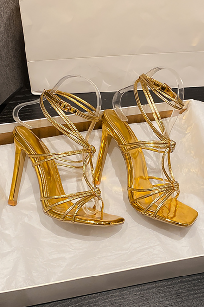 Square Peep-Toe Symmetrical Strap Glossy Metallic High-Heeled Sandal-Gold