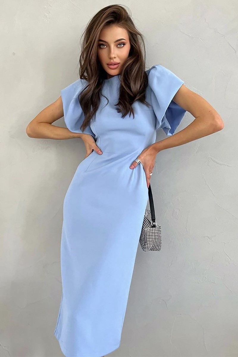 Ruffled Short Sleeve Cinch Waist Back Slit Hem Midi Dresses-Blue