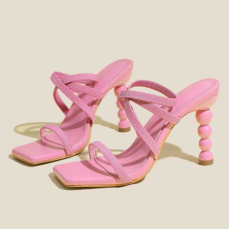 Elegant Quilted Square Toe Lace Up Stacked Stiletto Heels