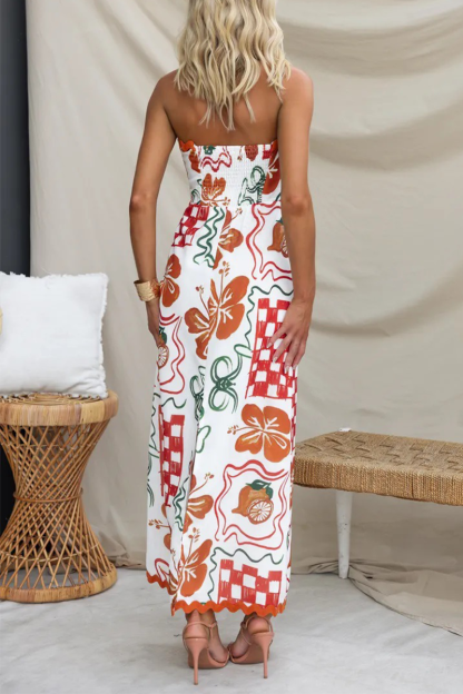 Mixed Prints Wavy Trim A-Line Vacation Strapless Maxi Dresses-White