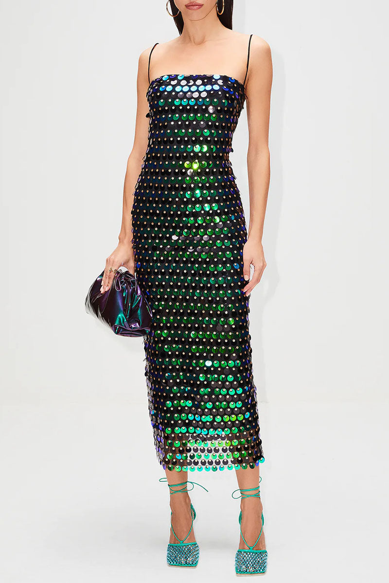 Sequins Spaghetti Strap Slim Fit Birthday Party Midi Dresses-Silver