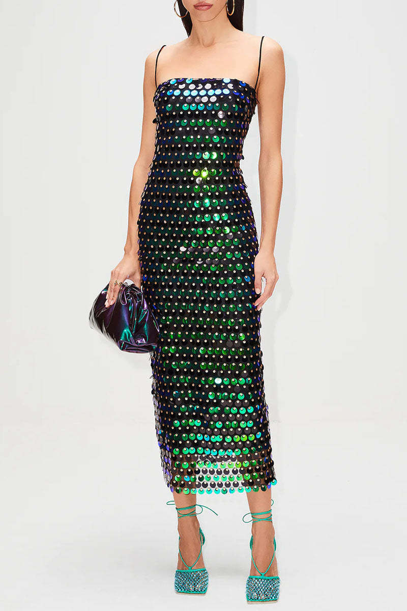 Sequins Spaghetti Strap Slim Fit Birthday Party Midi Dresses-Silver