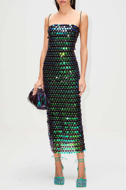 Sequins Spaghetti Strap Slim Fit Birthday Party Midi Dresses-Silver