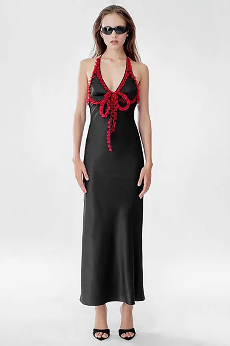 Frilled V Neck Halter Open Back Slim Fit Maxi Dresses-Pink