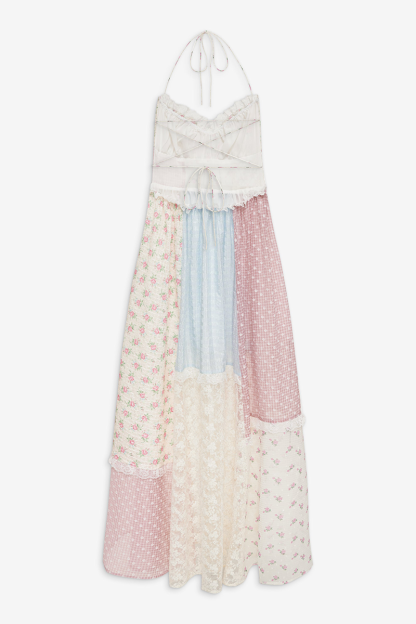 Mixed Prints Patchworks Halter Open Back Maxi Dresses-Pink Pre Order