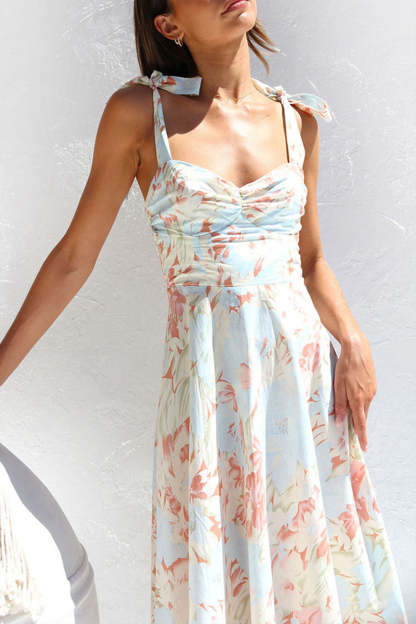 Print Tied Strap Sleeveless Vacation A-Line Midi Dresses