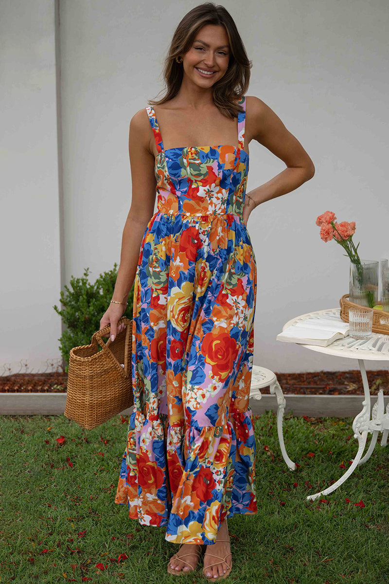 Square Neck Sleeveless Floral Print Pleated Vacation Maxi Dresses