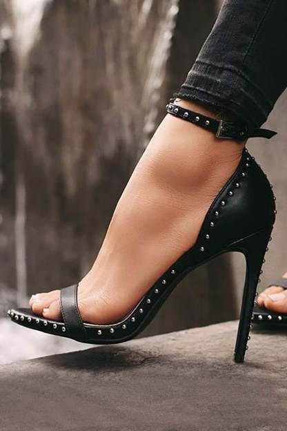 Studded Peep-Toe Buckle Ankle Strap Stiletto Heels-Black