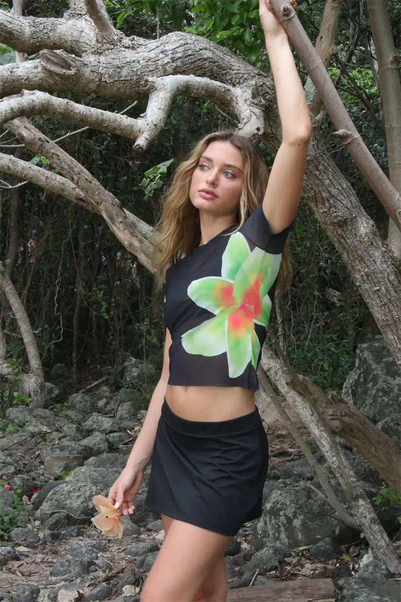 Floral Print Short Sleeve Crop Top Slit Mini Skirt Matching Set-Black