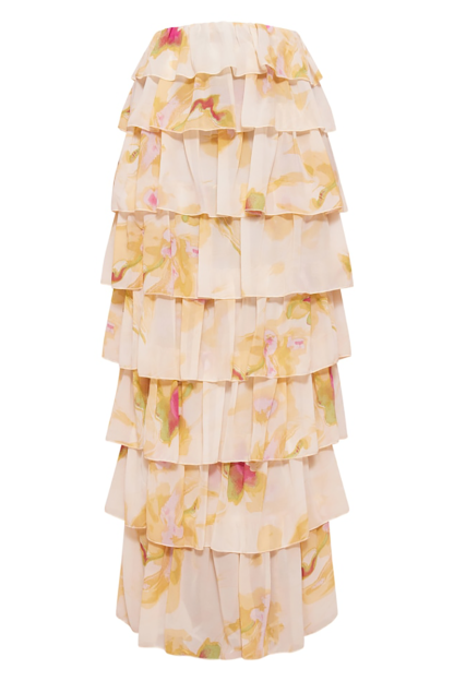 Ruffled Straps Crop Top Slit Tiered Maxi Skirt Matching Set-Beige Pre Order