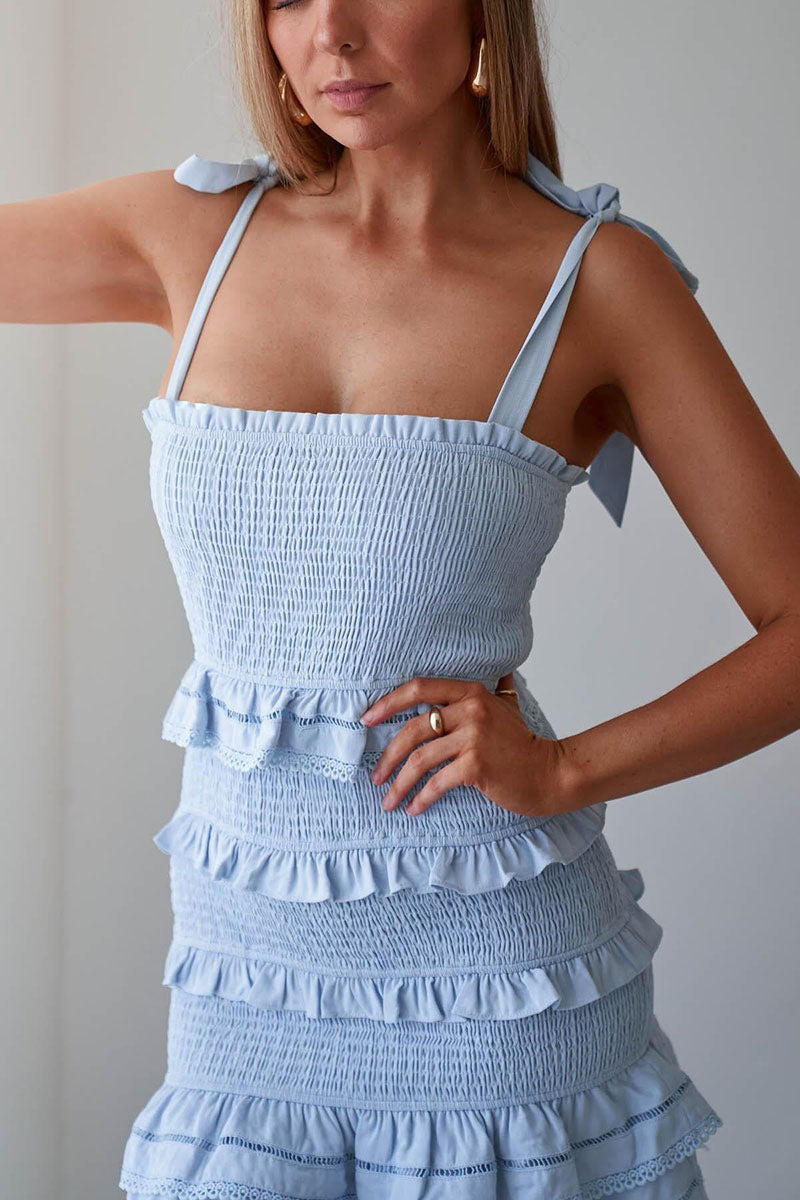 Square Neck Ribbon Sleeveless Ruched Ruffle Mini Dresses-Blue