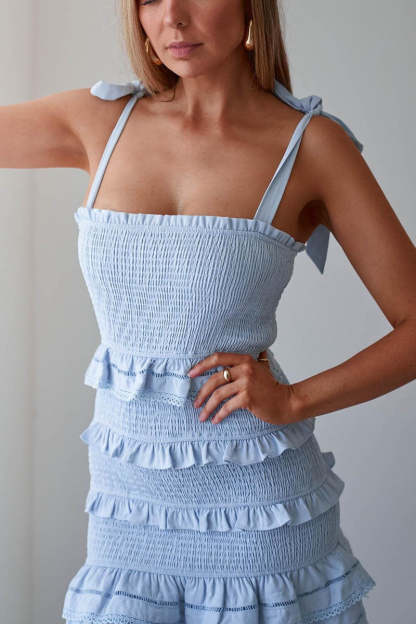 Square Neck Ribbon Sleeveless Ruched Ruffle Mini Dresses-Blue