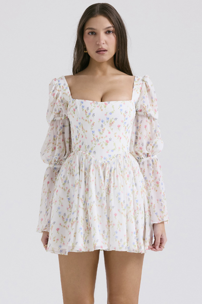 Square Neck Tiered Puff Sleeve Corset Ditsy Floral Print A-Line Mini Dresses-White
