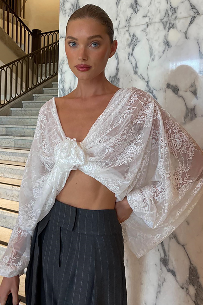 Deep V Neck Batwing Sleeve 3D Flower Decor Jacquard Lace Crop Top-White