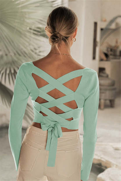 Square Neck Back Lace Up Tied Slim Top