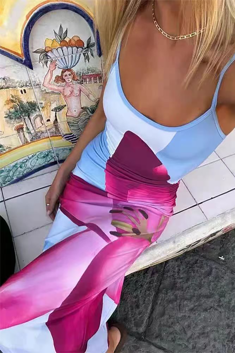 Spaghetti Strap Slim Fit Floral Print Slip Maxi Dresses-Black