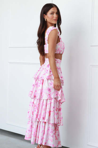 Square Neck Ruched Sleeveless Crop Top High Waist Layered Maxi Skirt Floral Print Matching Set