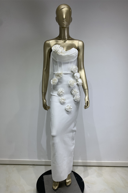 Strapless Corset 3D Flowers Decor Bodycon Gowns Maxi Dresses-White