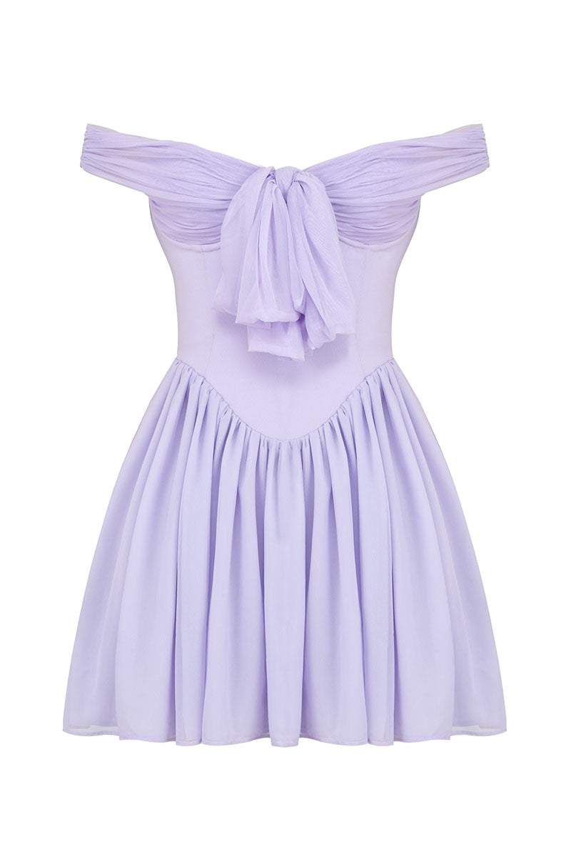 Off Shoulder Tie Up Bow Cinch Waist Ruched Mini Dresses-Purple