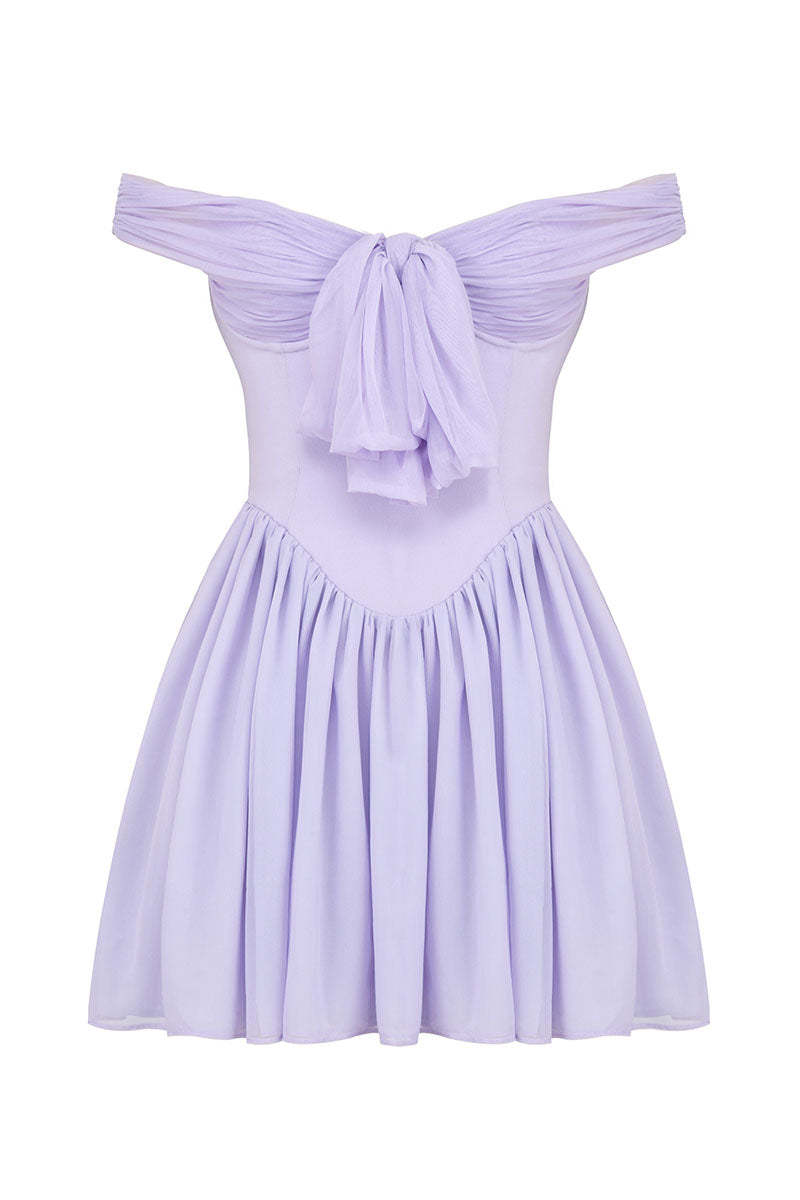 Off Shoulder Tie Up Bow Cinch Waist Ruched Mini Dresses-Purple