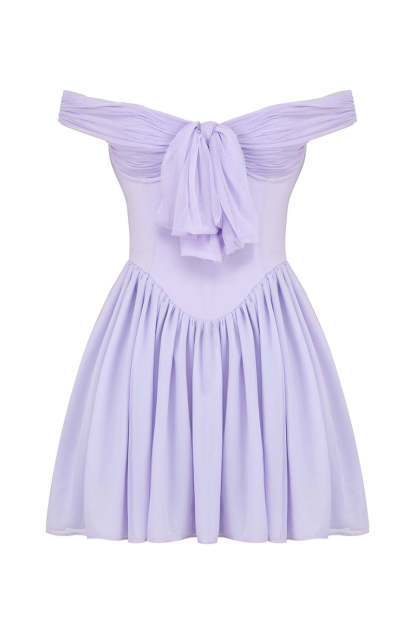 Off Shoulder Tie Up Bow Cinch Waist Ruched Mini Dresses-Purple