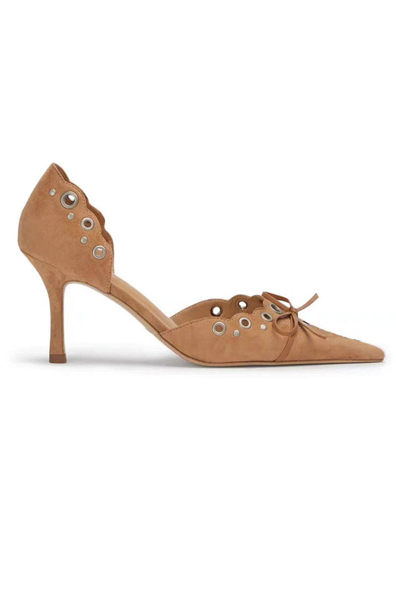 Studded Hollow Out Bow Decor Pointy Toe Ankle Wrapped Velvet Heels-Black