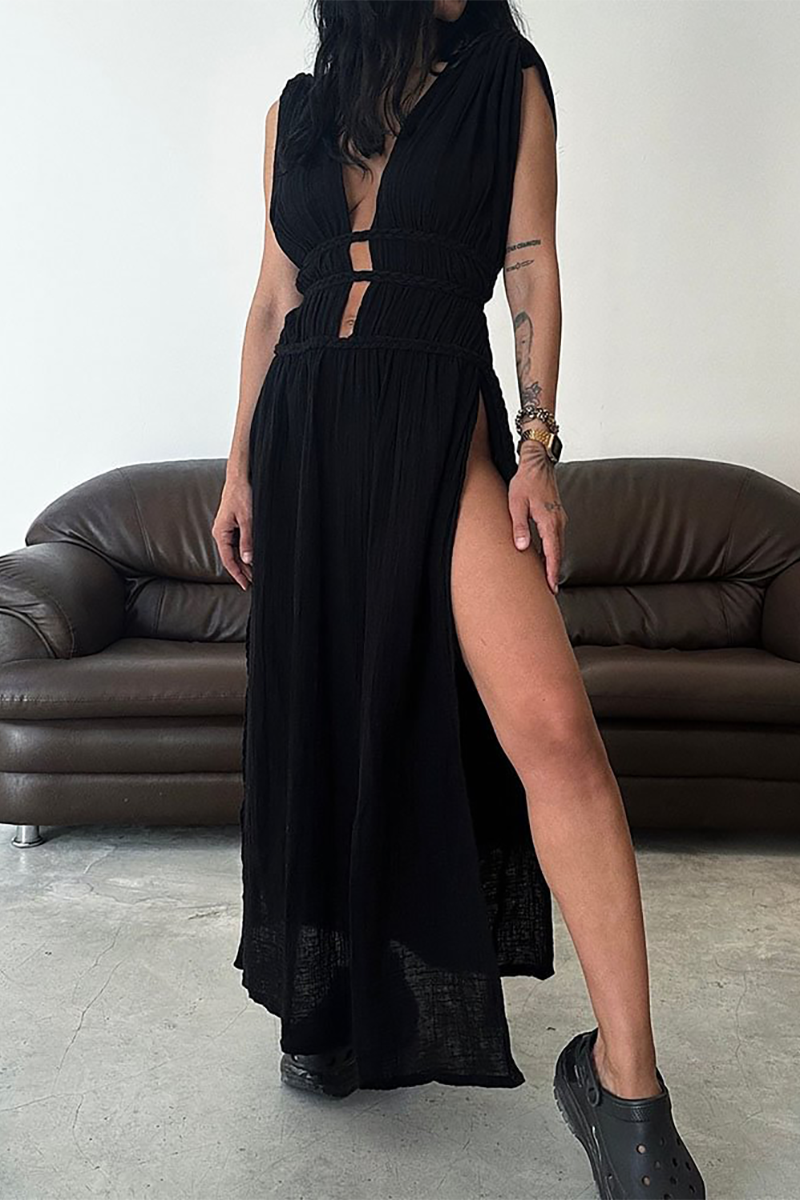 Braided Cinch Waist High Slit Sleeveless Maxi Dresses-Beige